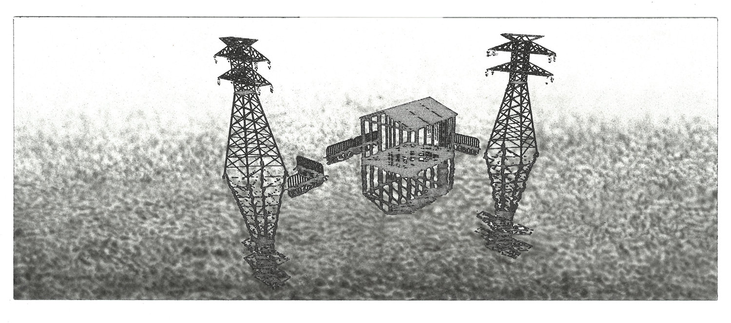 plotter drawing of a powerstation in airbrushed ground