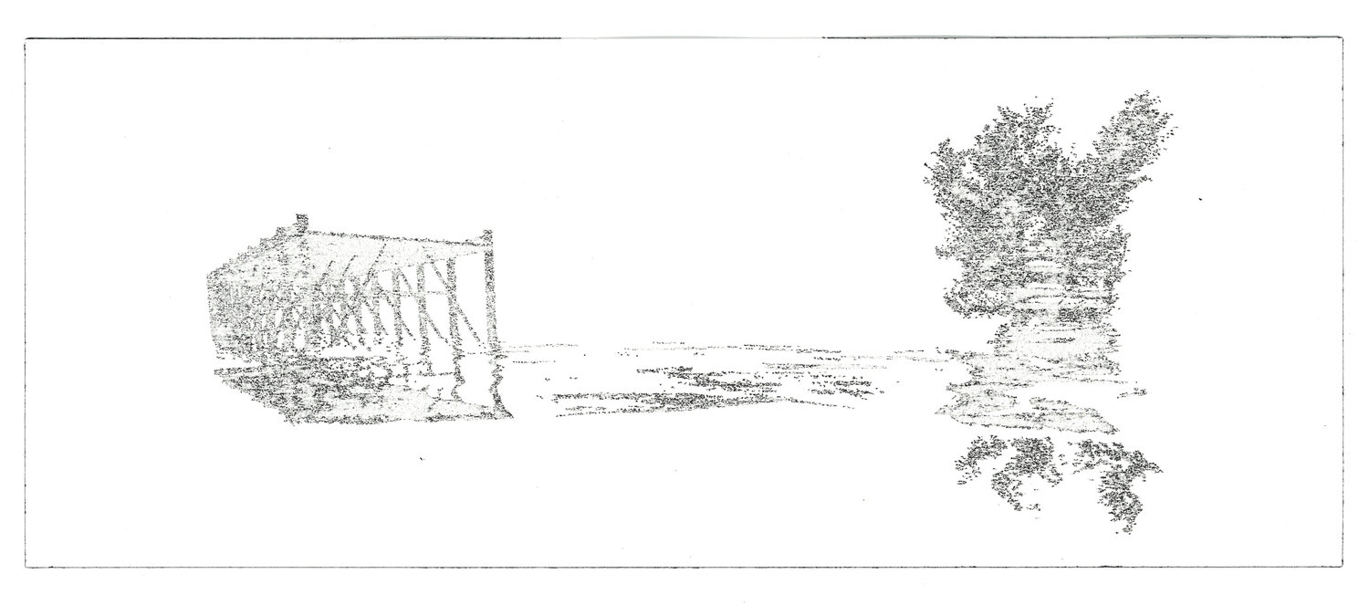 plotter drawing of a pier and tree against the water