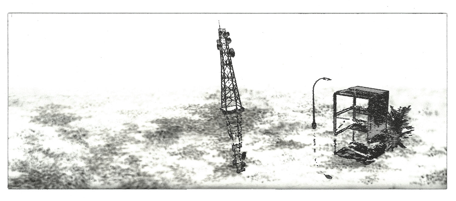 plotter drawing of a powerstation and bus stop in puddles