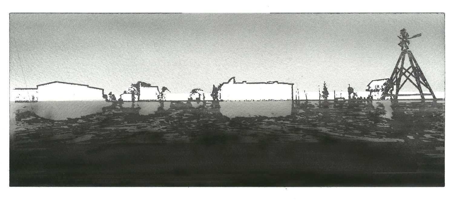 plotter drawing of a town in silohette against the horizon