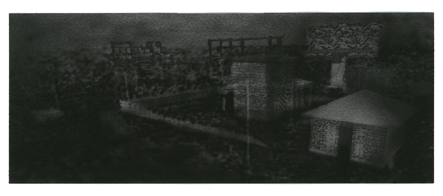 plotter drawing of a neighborhood, fogged by airbrushed ink