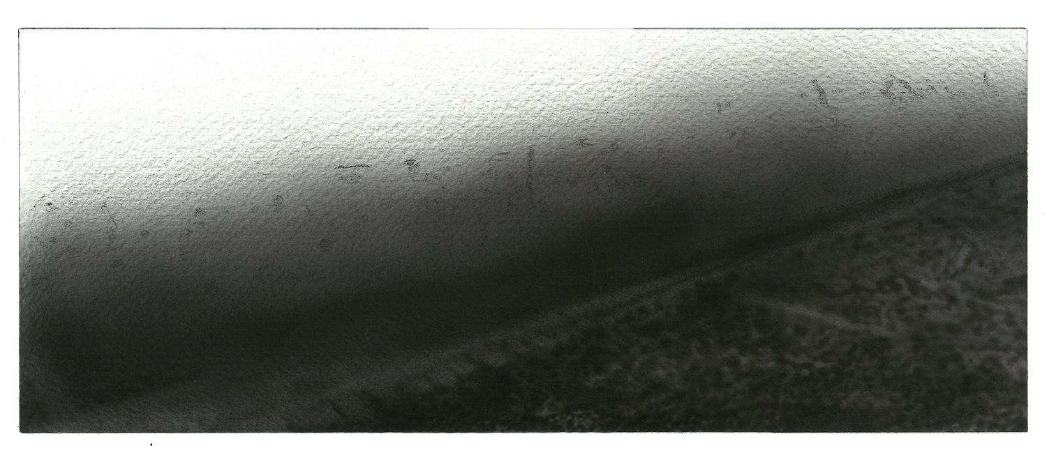 plotter drawing of a train track, fogged by airbrushed ink