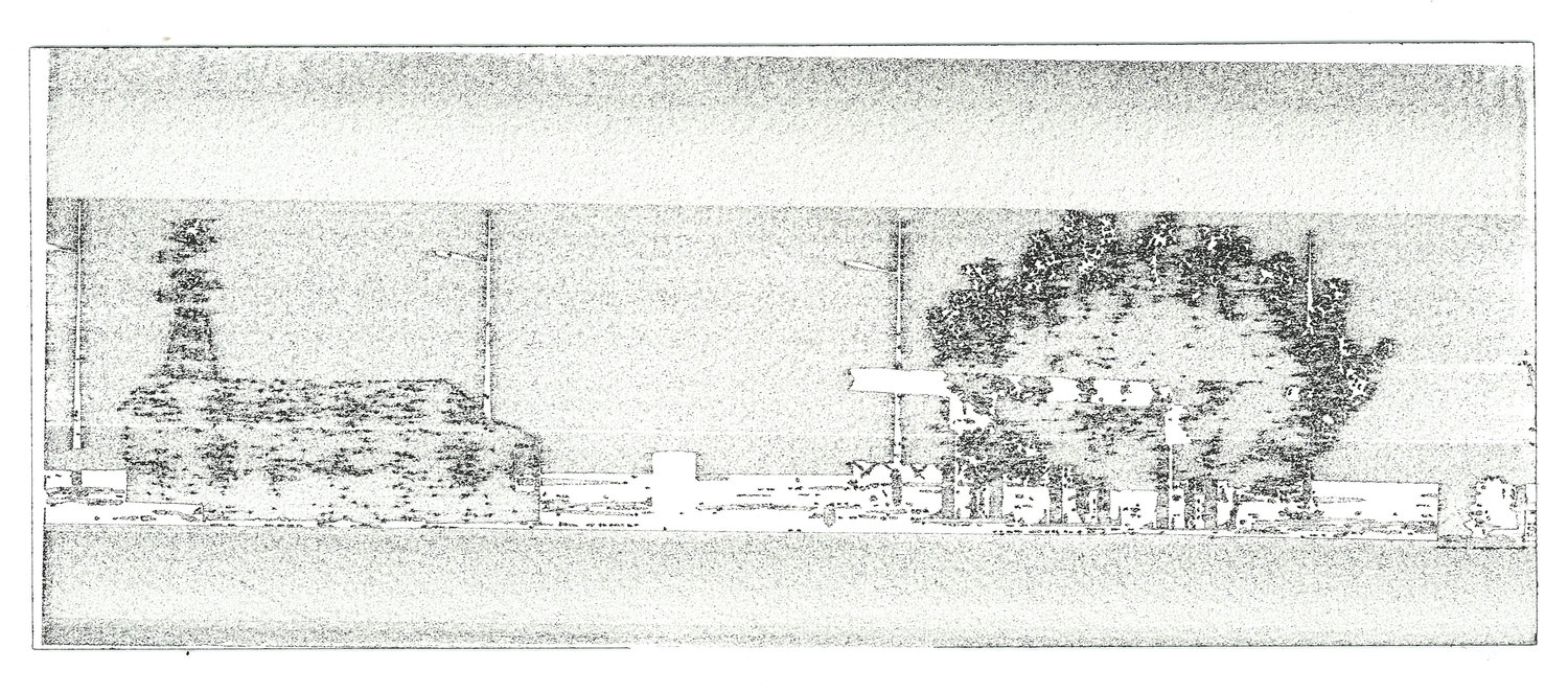 plotter drawing of a silhoetted building and a tree