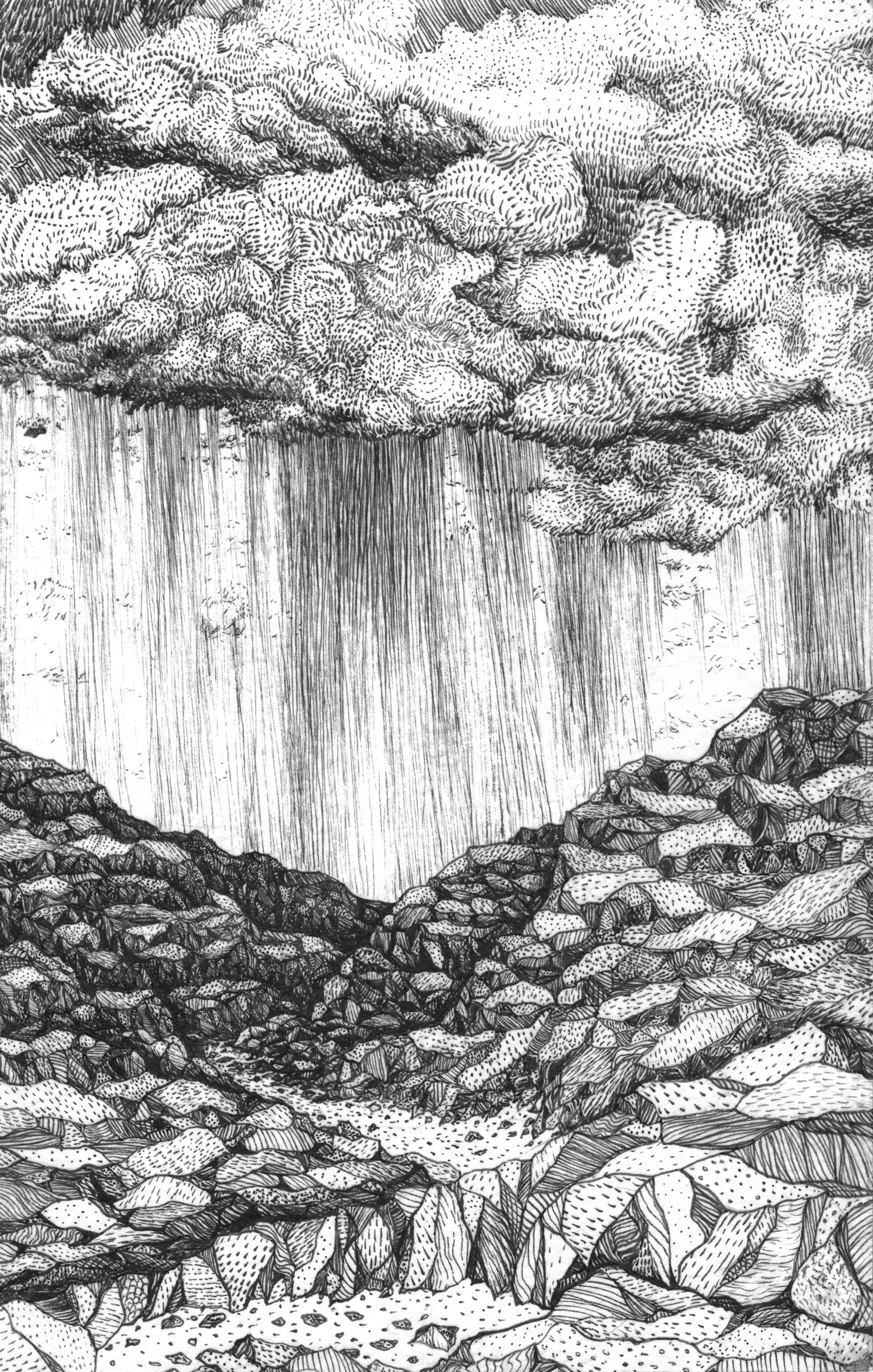 drawing of clouds raining on rocks