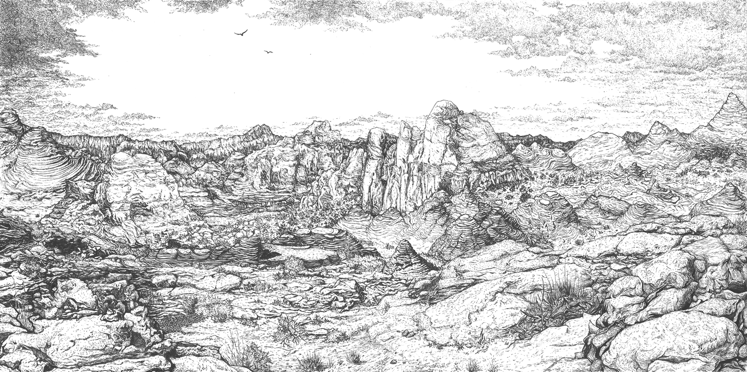 drawing of pilars and sandstone mountains