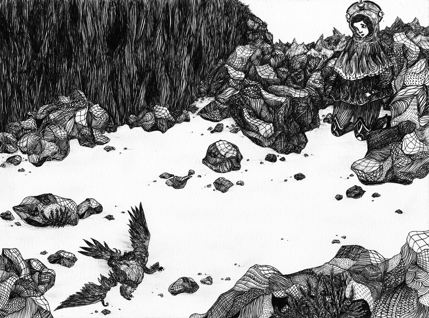 drawing of a saint in the mountains discovering a bird strangled by a snake