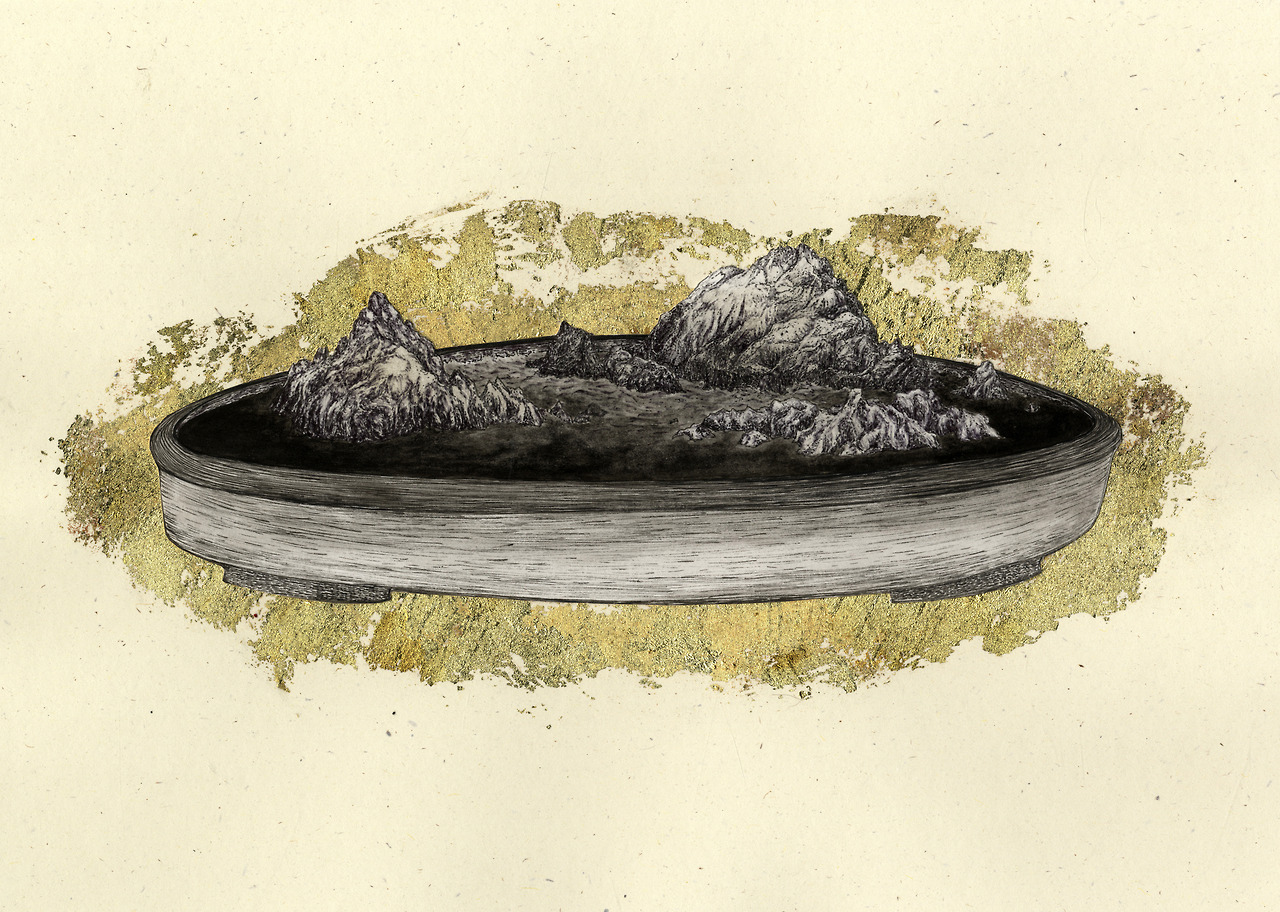 drawing an oval bowl with two mountains in it - behind is gold leaf