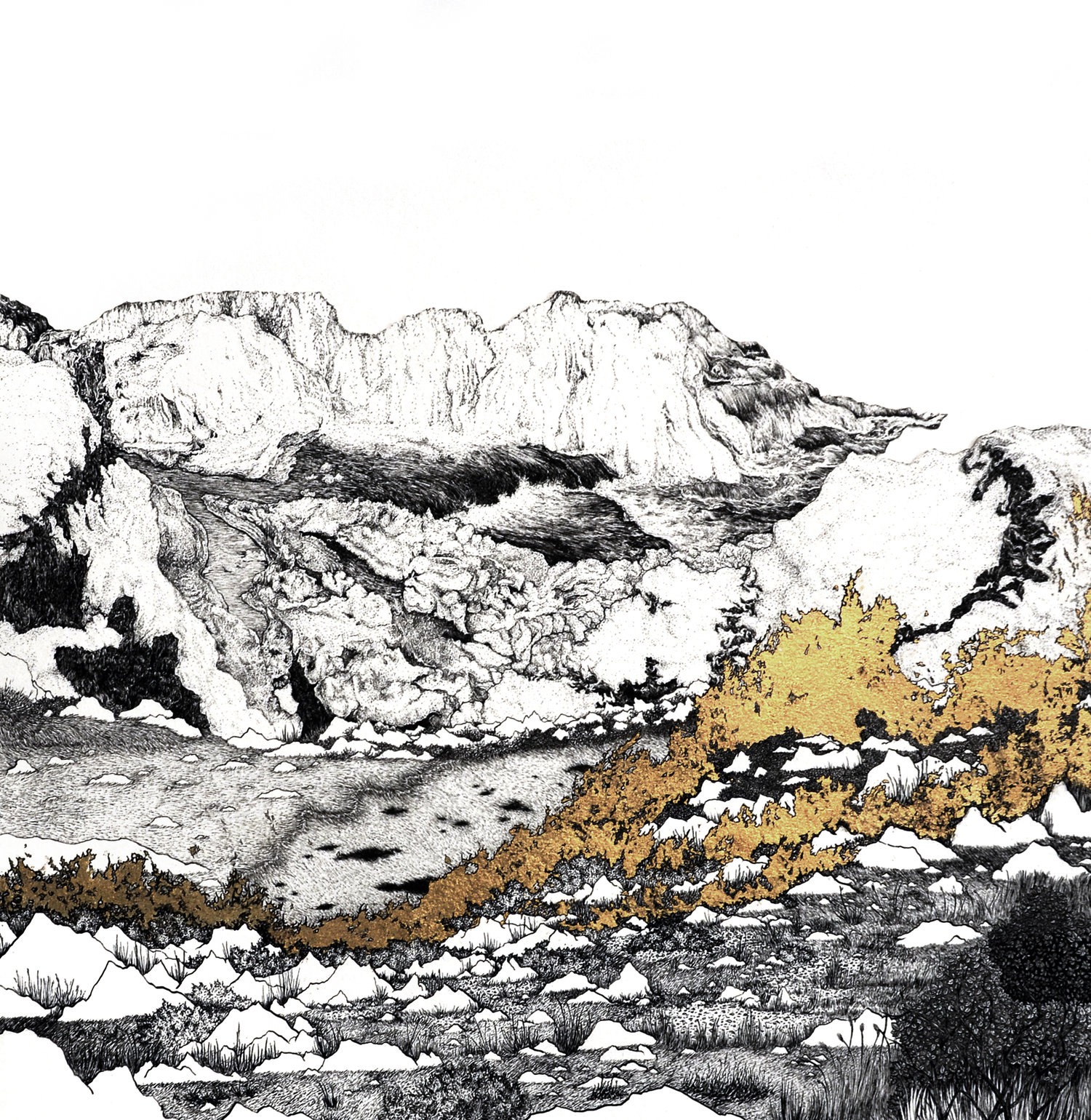 drawing of a mountainside on fire - the fire is picked out in gold leaf