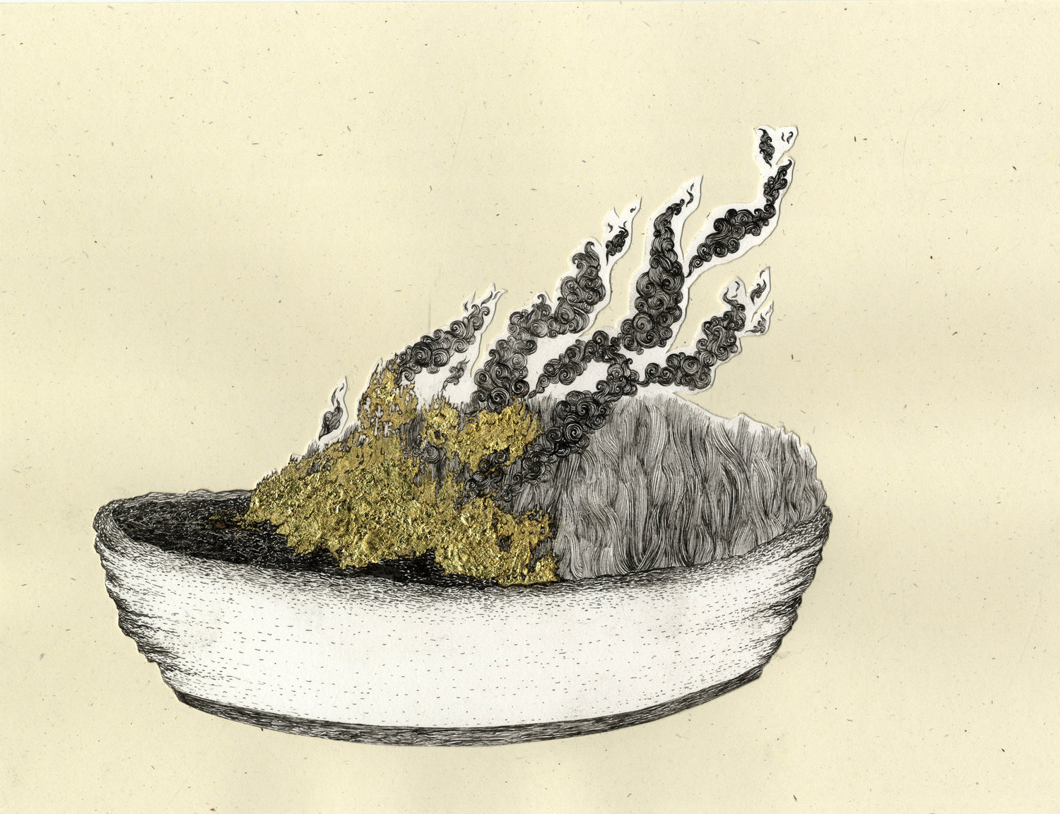 drawing of a bowl- inside the bowl is a brushfire. the fire is gold leaf