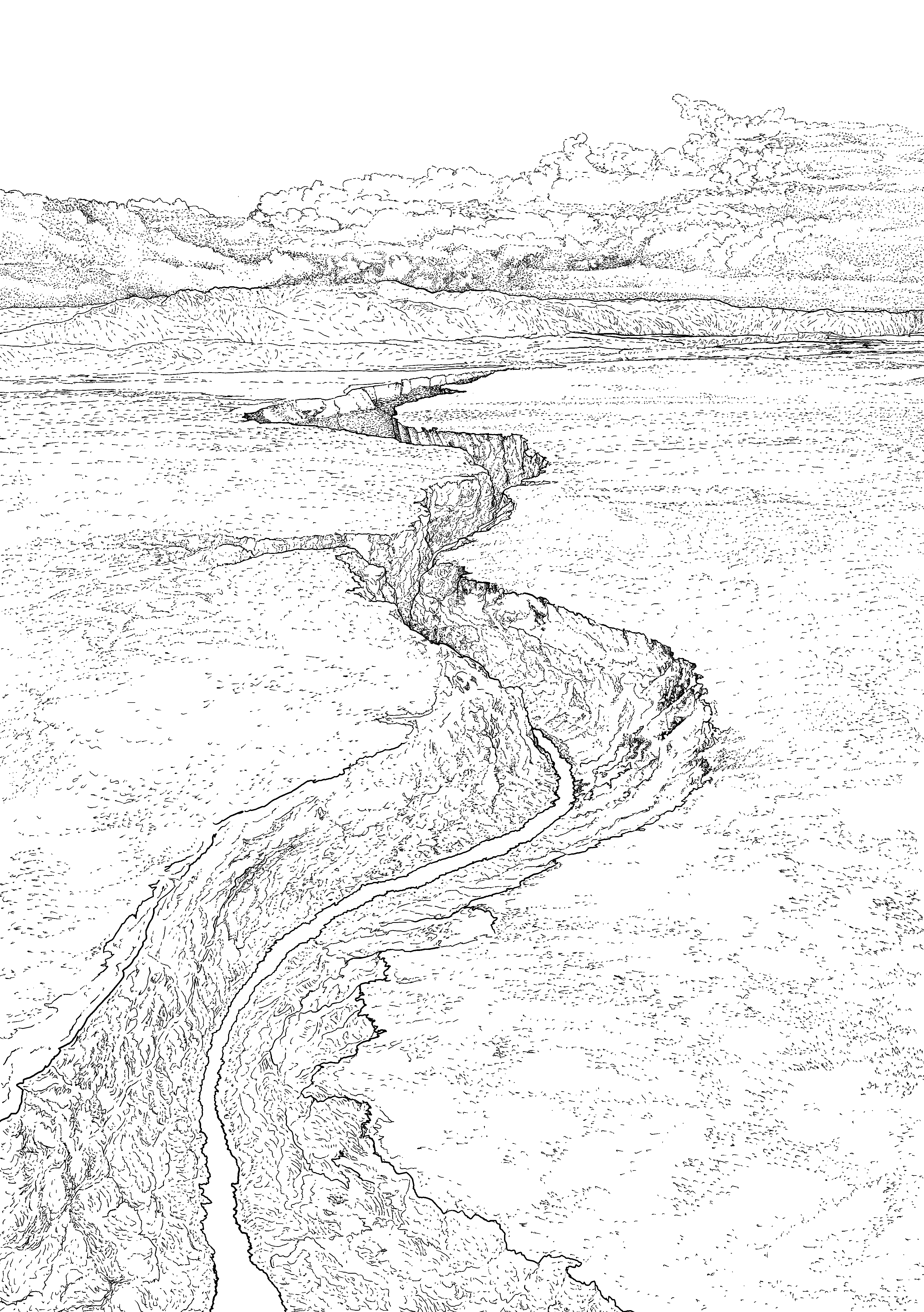 a black and white drawing of a river cutting into the landscape
