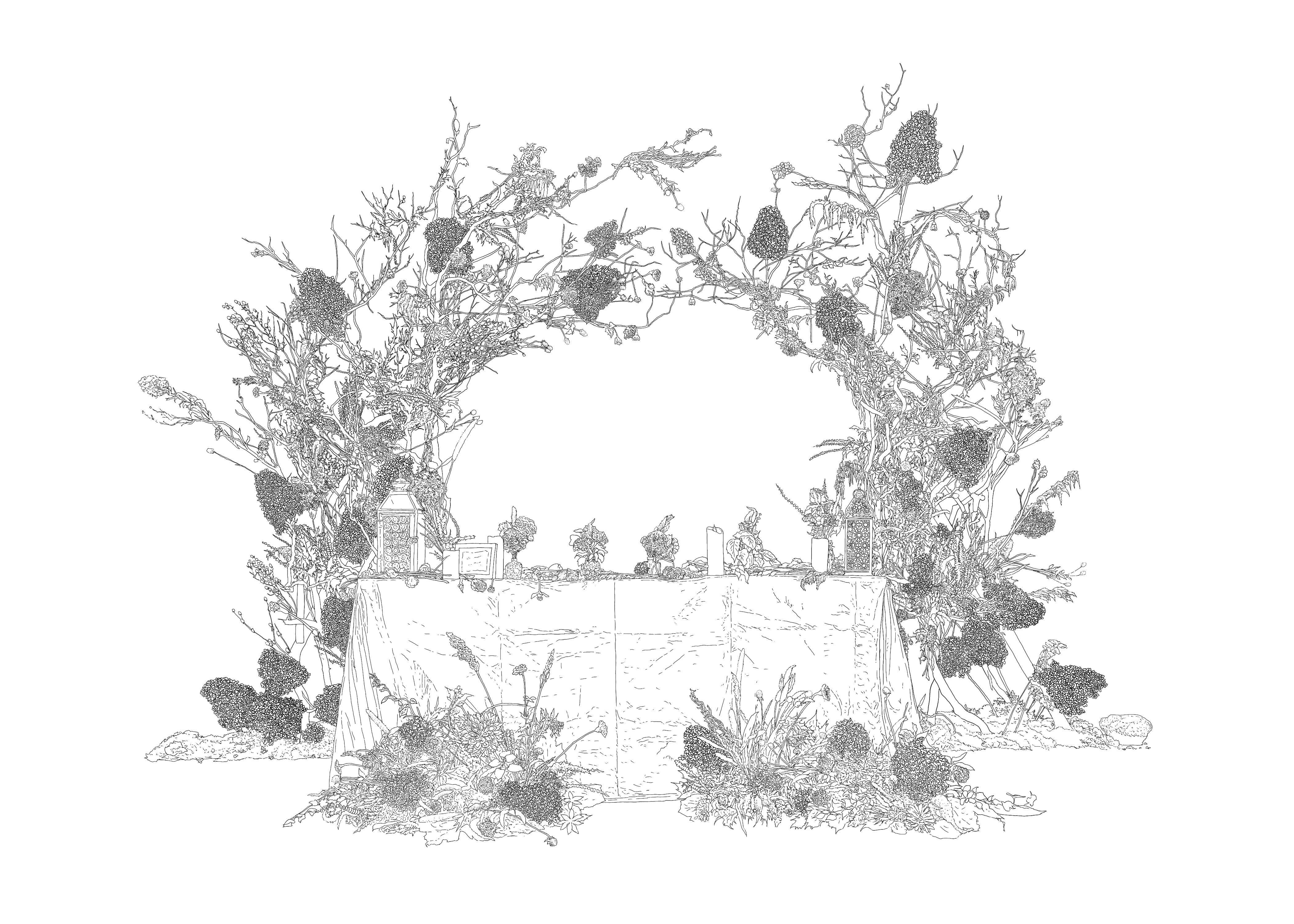 a black and white digital drawing of flowers over a table making an archway
