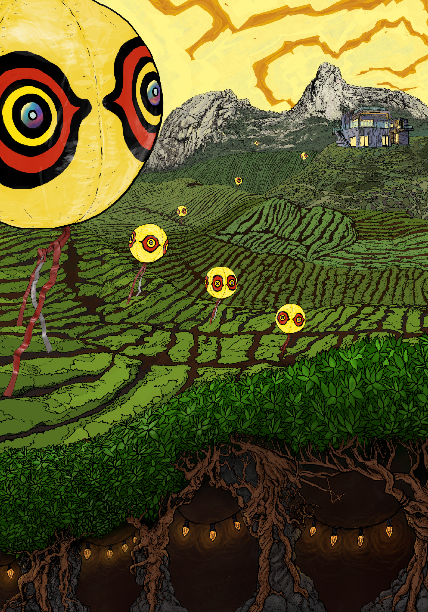 a colorful digital drawing of tea fields, with an intense modernist house in the background and birdscares floating over