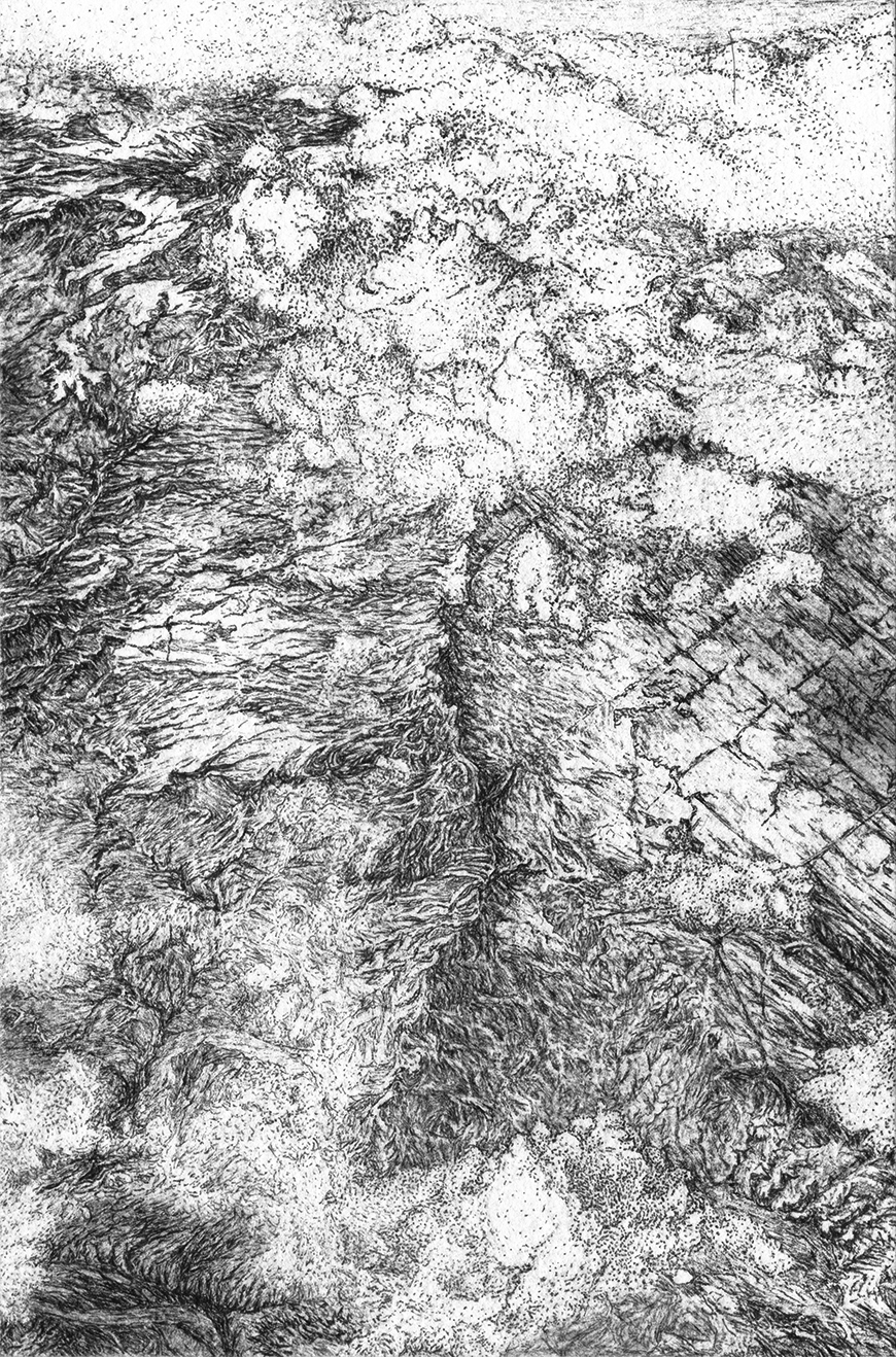 a black and white drawing, of mountains and landscape from the air