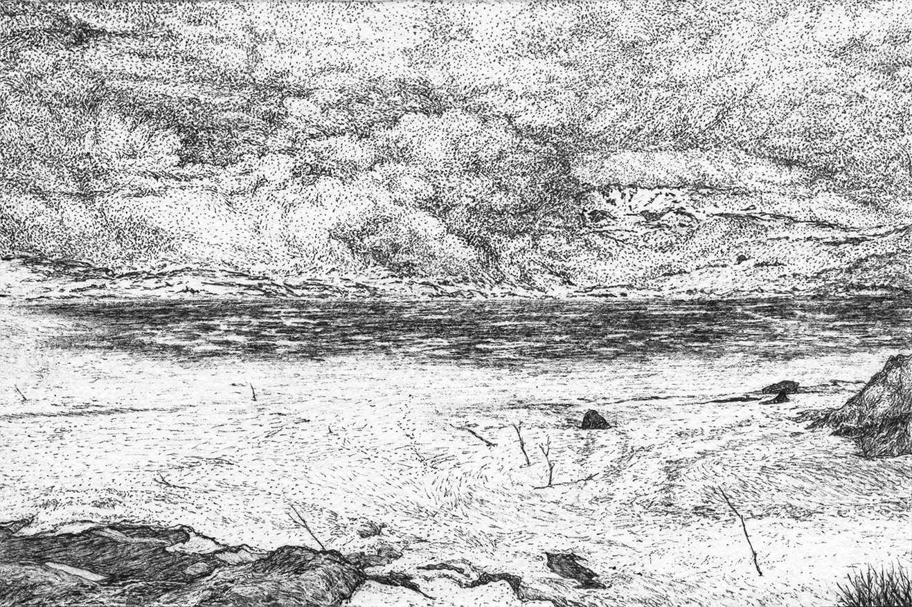 a black and white drawing of a glacier disapearing into the clouds
