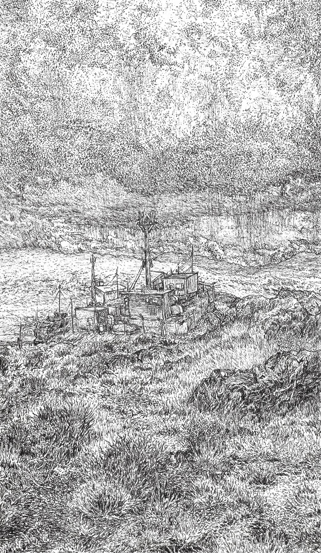 a black and white drawing of a power station in the rain