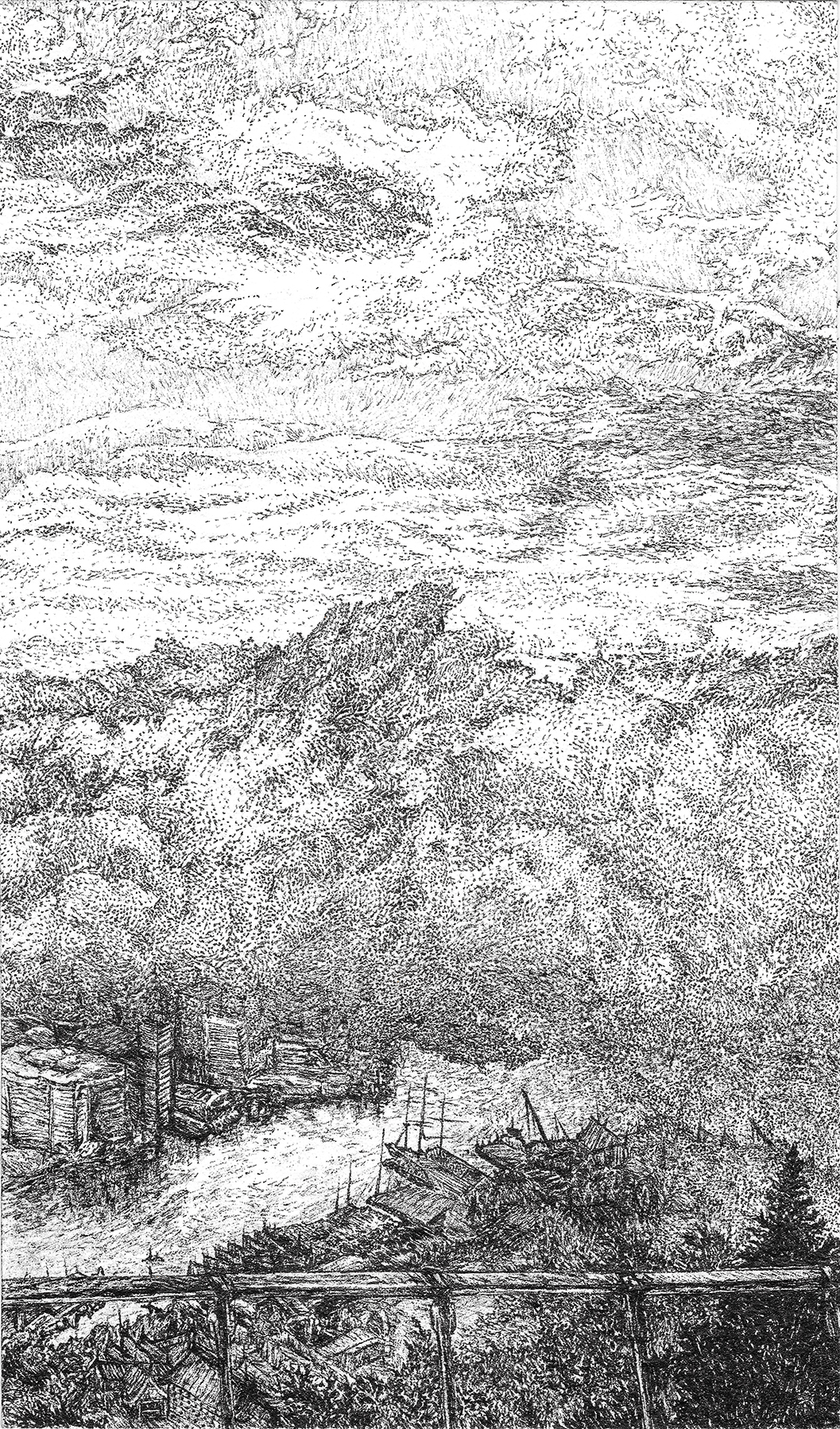 a black and white drawing of a city from far above, covered by cloud