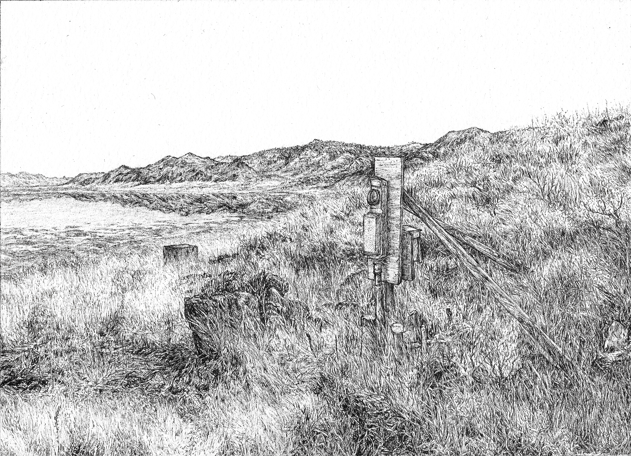 a black and white drawing of an electrical box in the grass and rocks