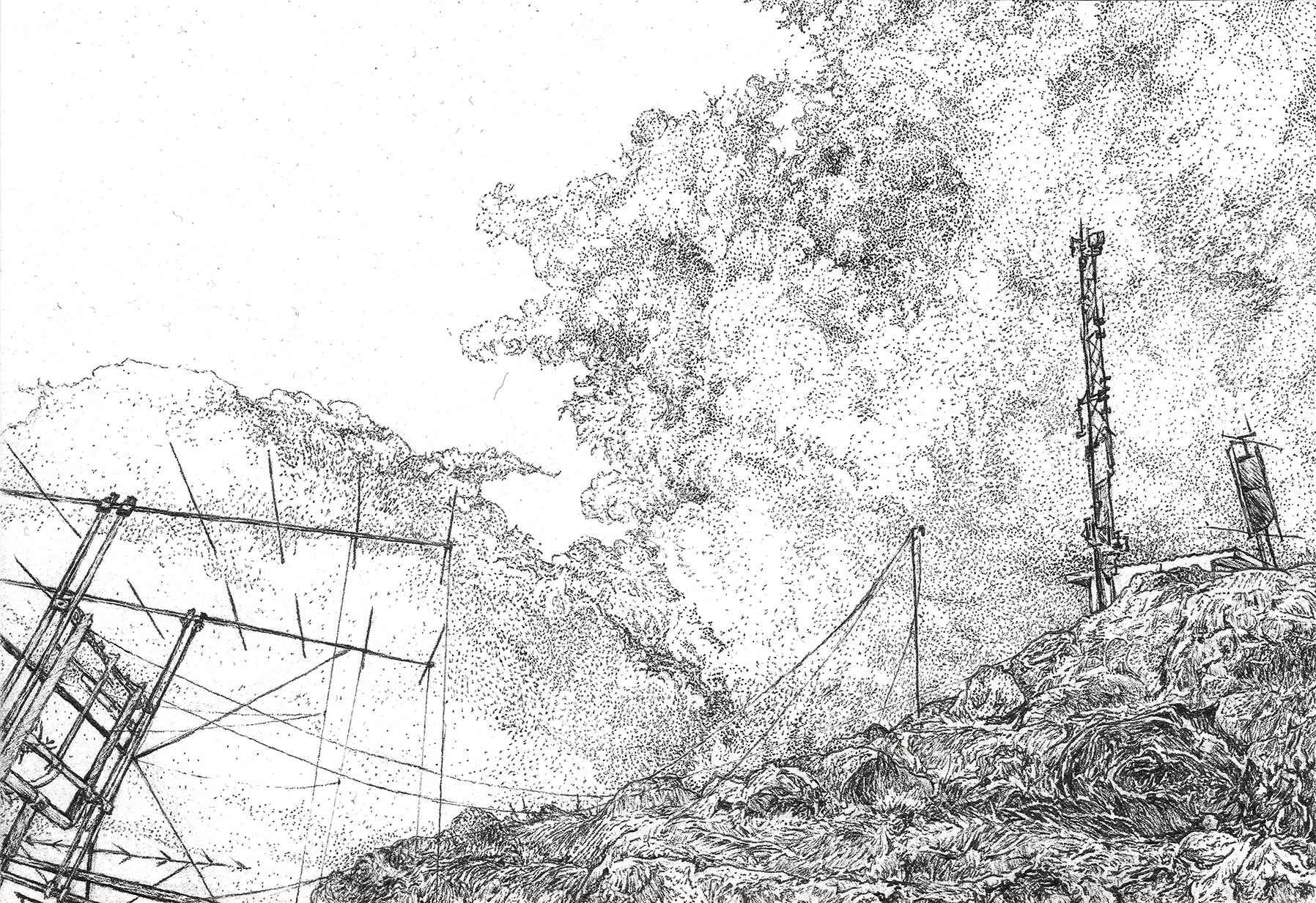 a black and white drawing of rocks with satellite wires