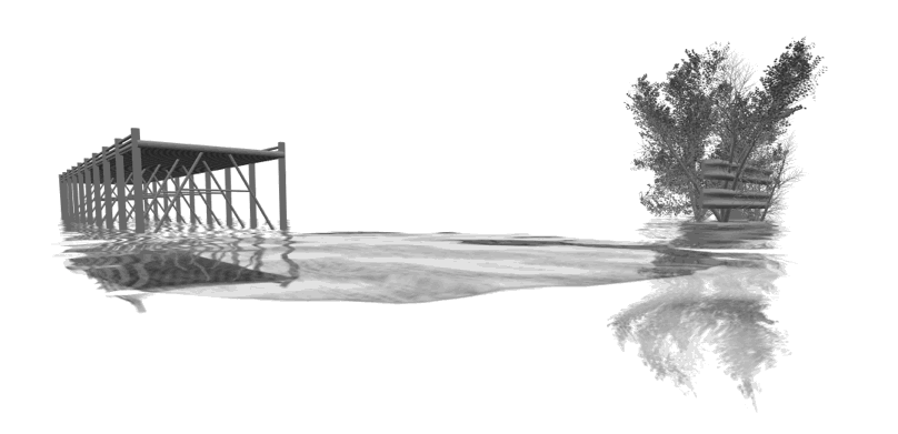 a gif of a 3d modeled boat dock, water, and small shrub