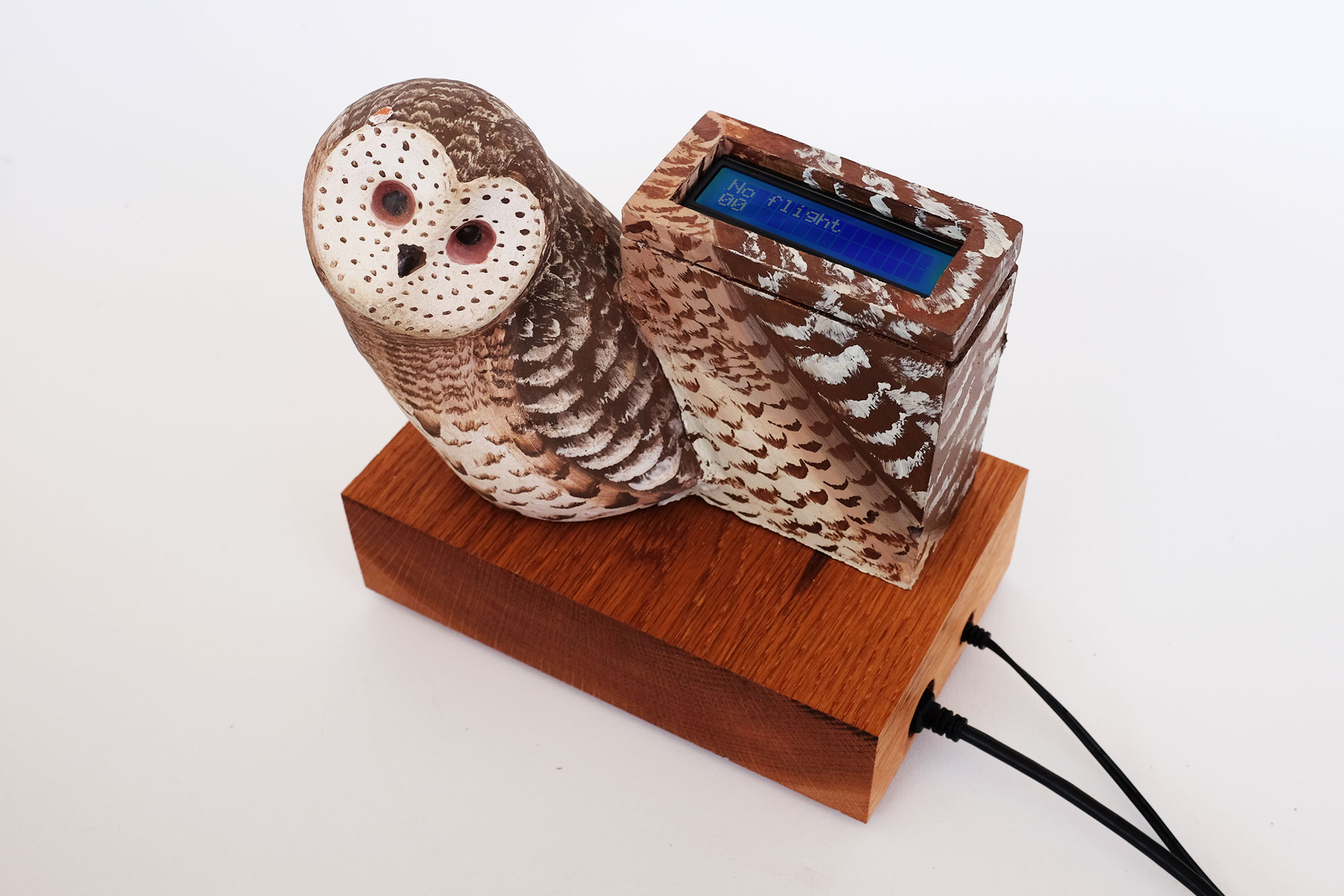 a sculpture of an owl on a wooden base. an augmented screen reads: no flight