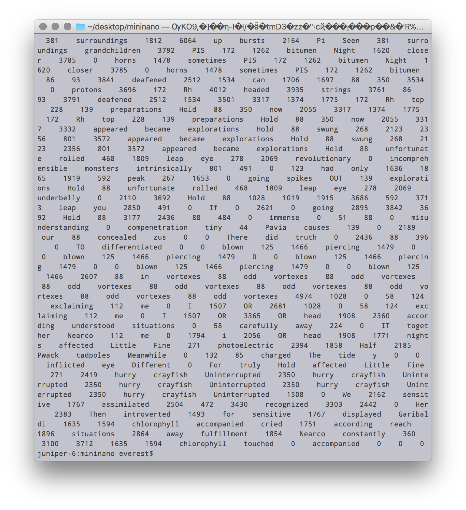screenshot of a terminal window full of numbers and many words, like leap and Hold