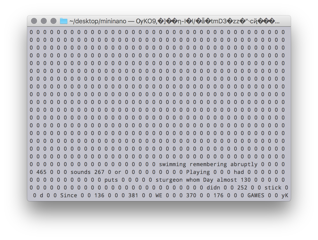 screenshot of a terminal window full of numbers and a few words, like swimming and sturgeon