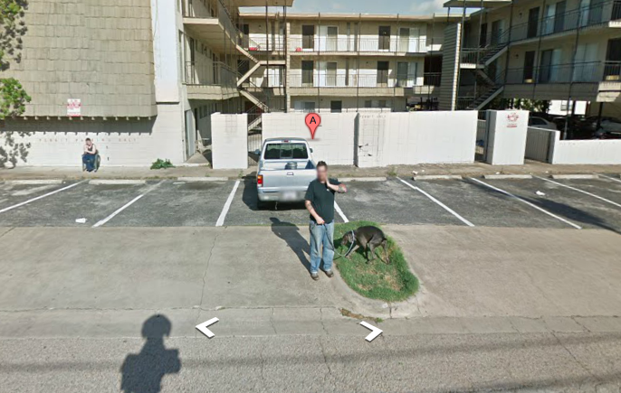 a screenshot of google streetview; a person, probably a man, stands in front of an apartment complex. his face is blurred. on a leash, a dog takes a shit in a tiny patch of grass